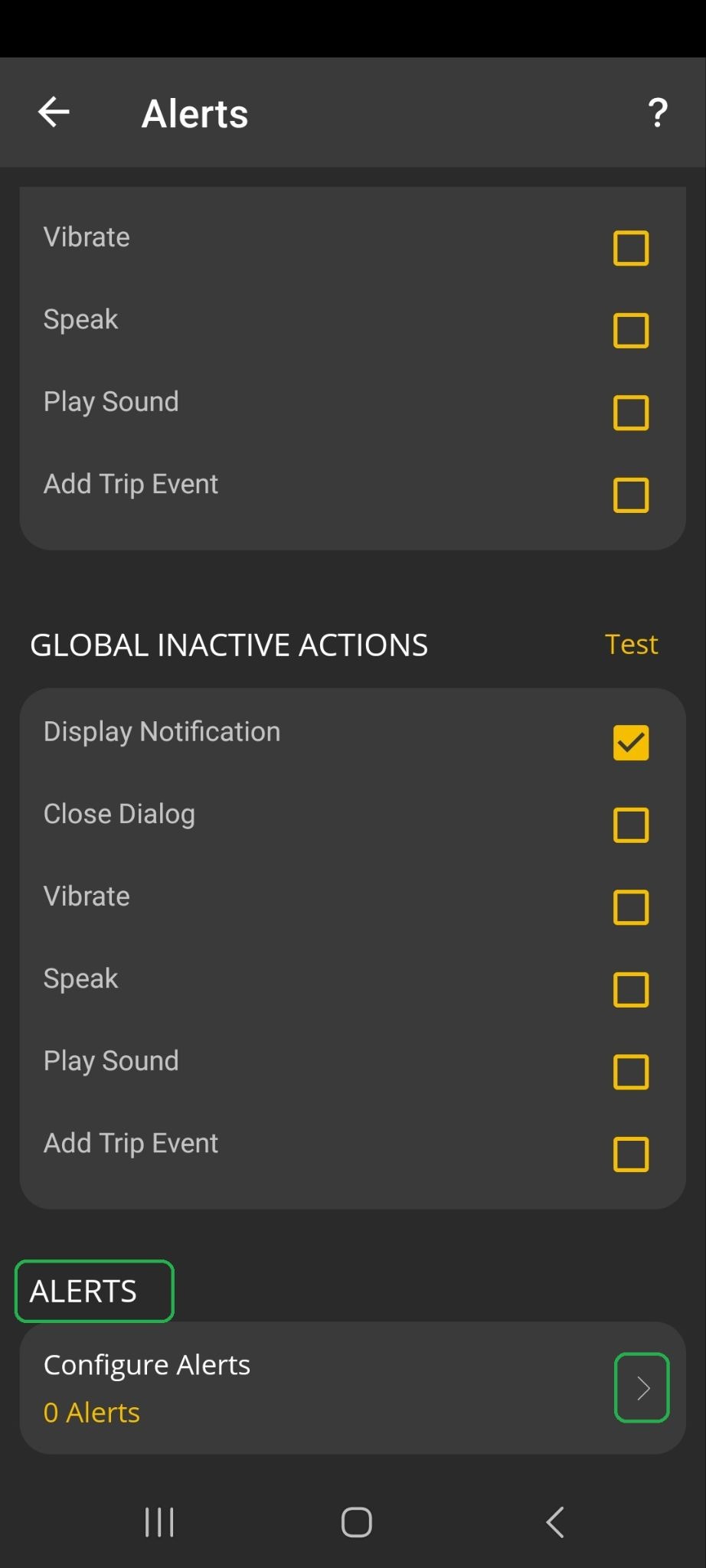 Android Alerts screen showing the Configure Alerts section. The forward arrow is highlighted.