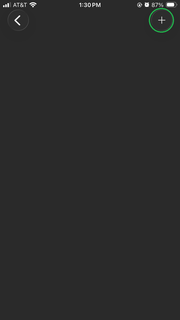 iOS Alerts screen showing a Plus symbol that acts as an Add button. The Plus symbol is highlighted.