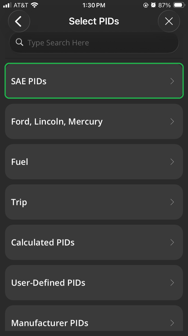 iOS Select PIDs screen. The SAE PIDs option is highlighted.