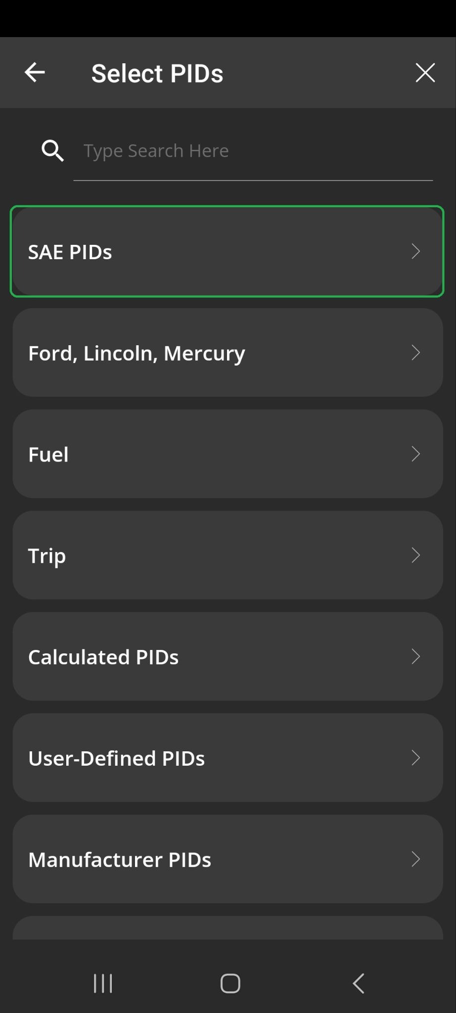 Android Select PIDs screen. The SAE PIDs option is highlighted.