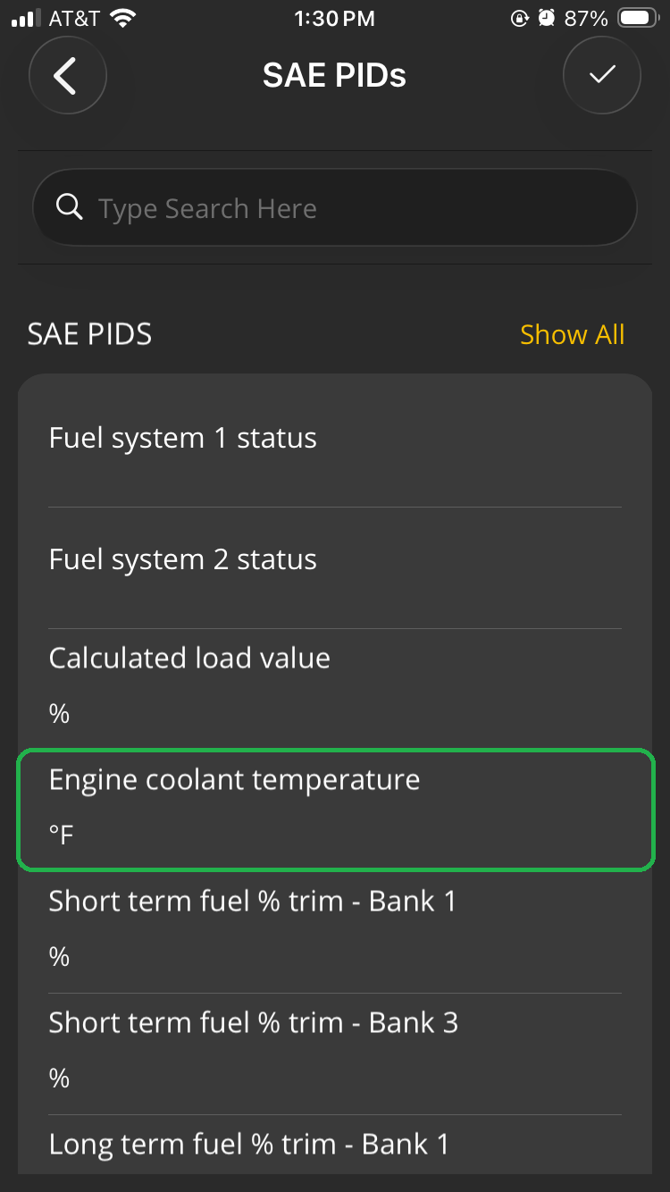 iOS SAE PIDs screen. The Engine Coolant Temperature in degrees Fahrenheit is highlighted.
