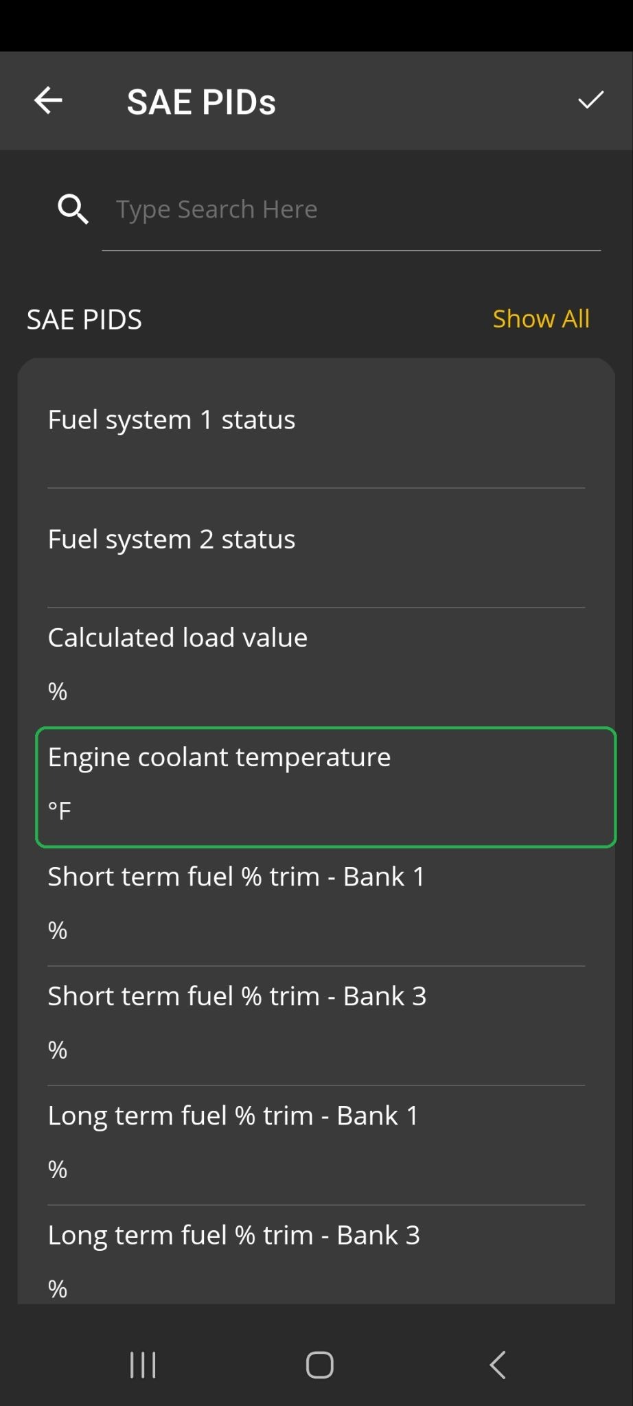 Android SAE PIDs screen. The Engine Coolant Temperature in degrees Fahrenheit is highlighted.