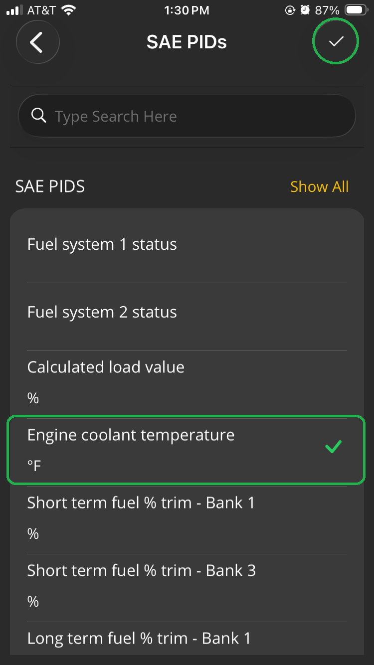 iOS SAE PIDs screen. The Engine Coolant Temperature in degrees Fahrenheit is highlighted and has a green checkmark. The Checkmark symbol in the upper right corner is also highlighted.