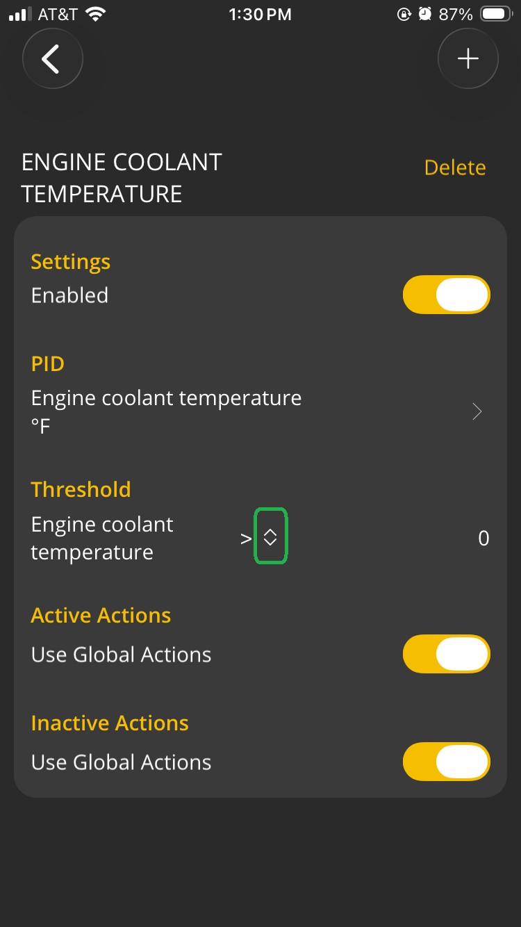 iOS Alerts screen showing the settings for Engine Coolant Temperature. The arrow options are highlighted.