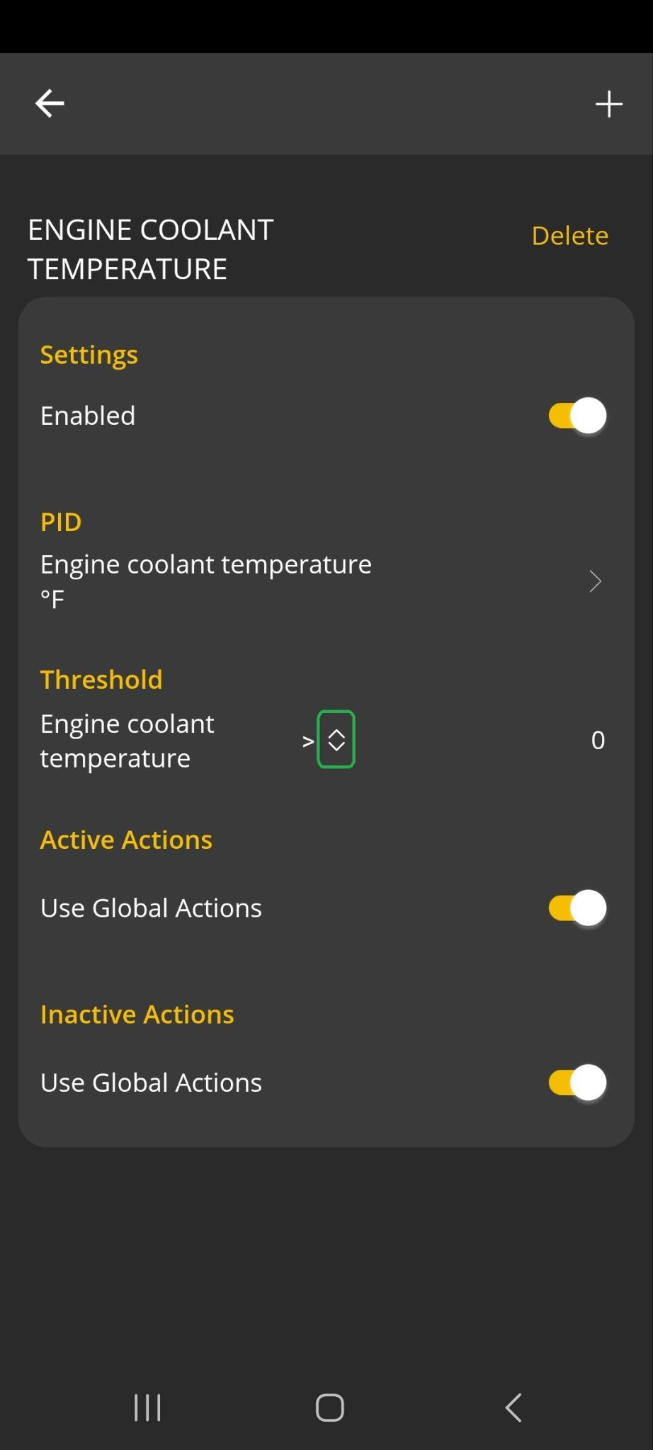 Android Alerts screen showing the settings for Engine Coolant Temperature. The arrow options are highlighted.