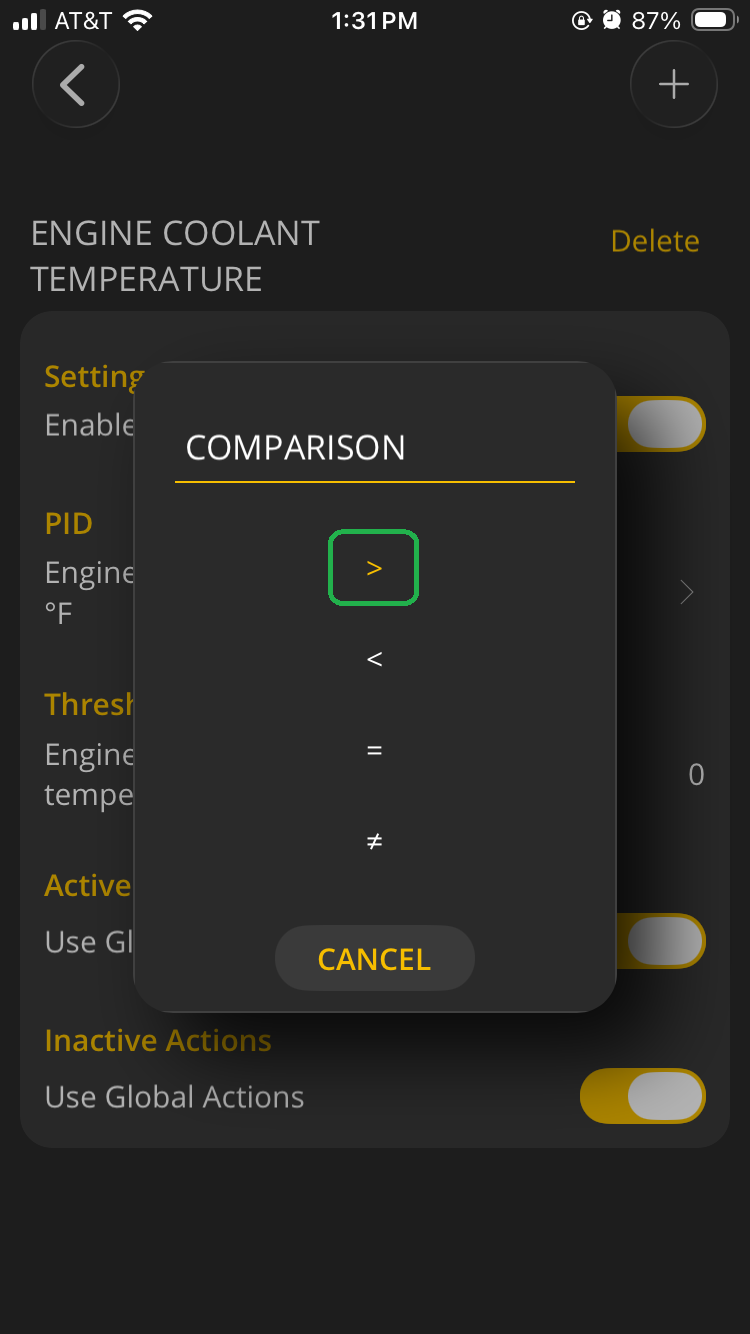 iOS Alerts screen showing the comparison options. The greater-than symbol is highlighted.