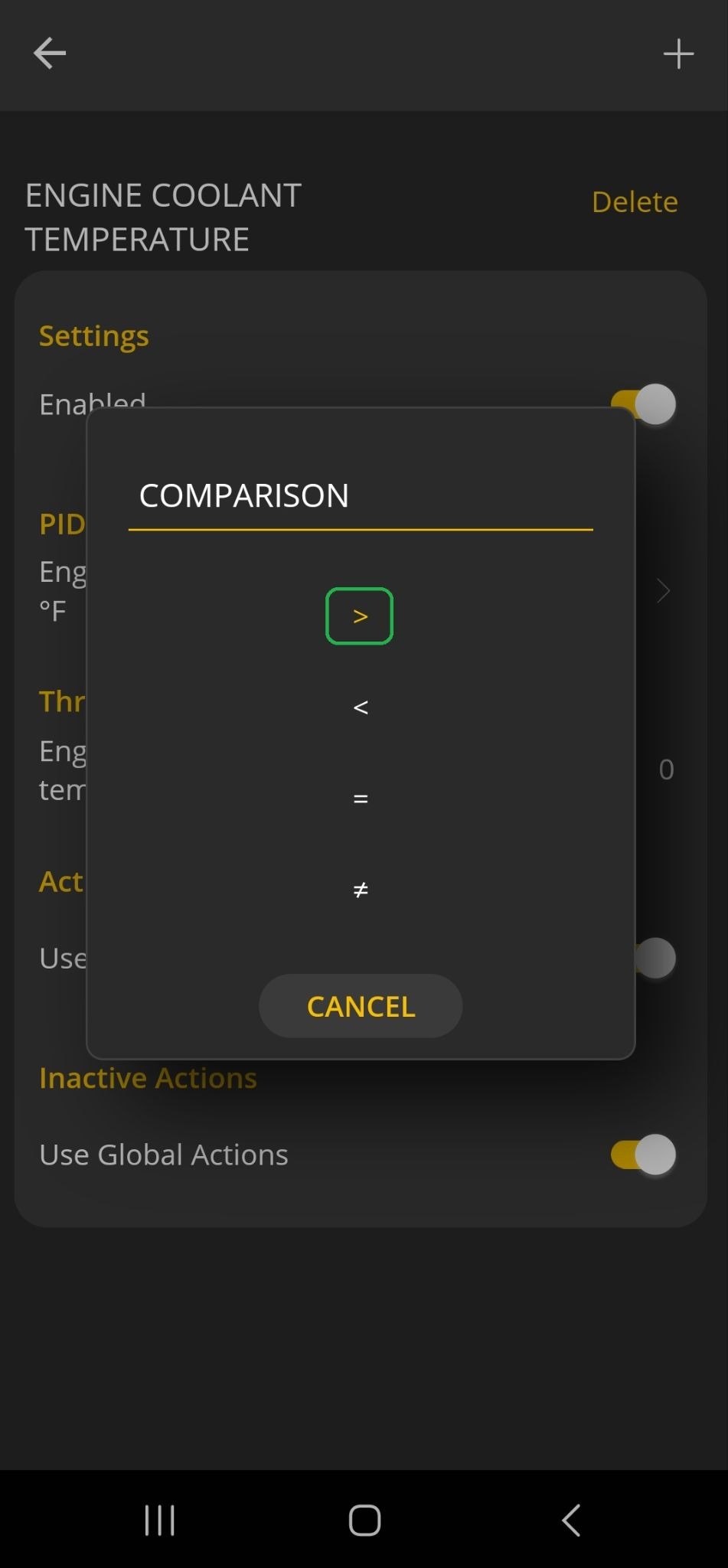 Android Alerts screen showing the comparison options. The greater-than symbol is highlighted.