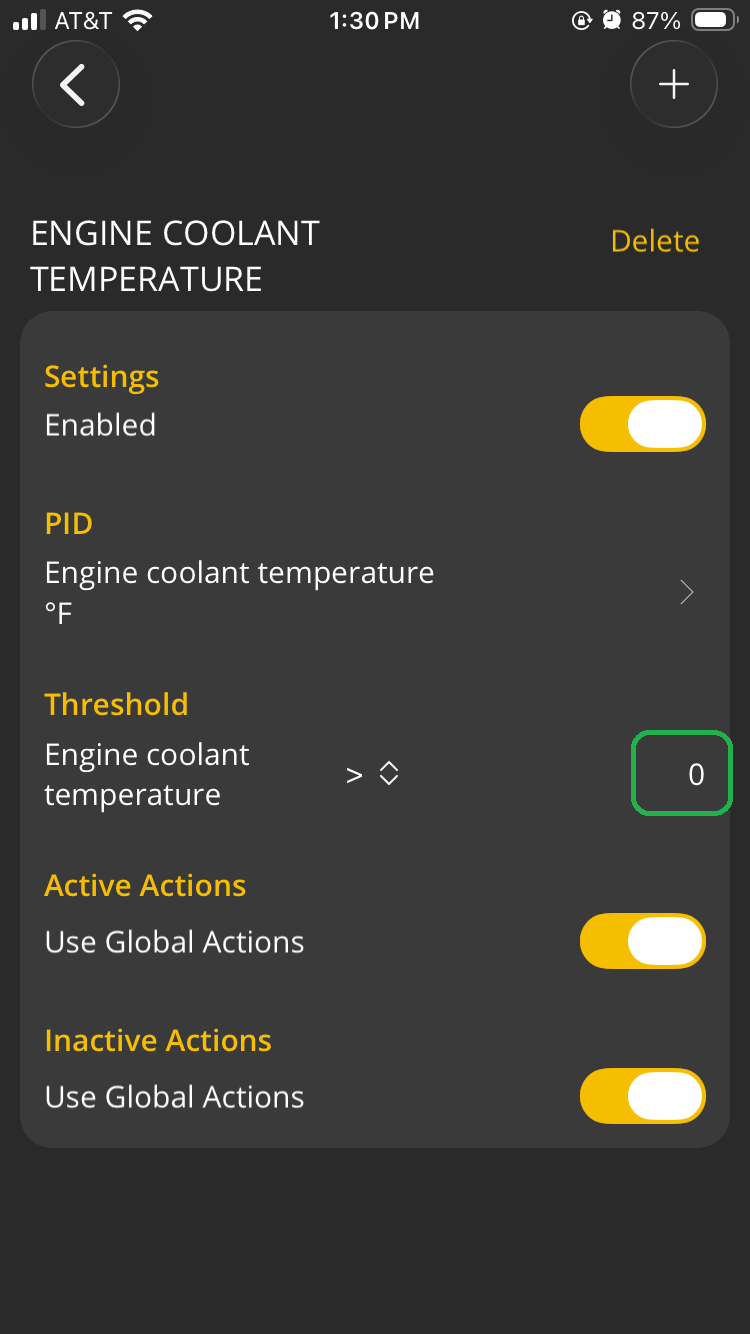 iOS Alerts screen with the threshold value of 0 highlighted.