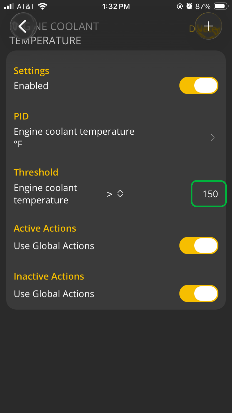 iOS Alerts screen with the threshold value of 150 highlighted.