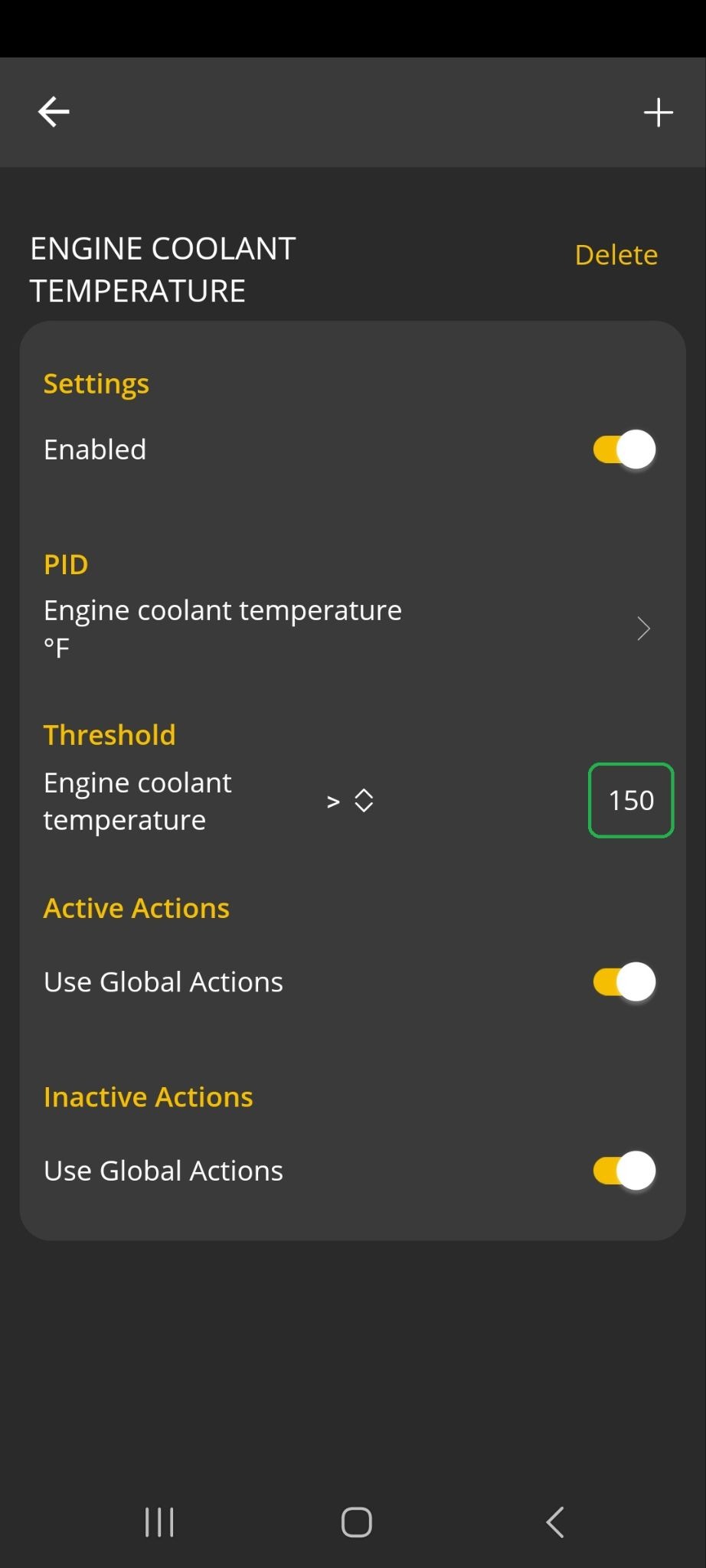 Android Alerts screen with the threshold value of 150 highlighted.