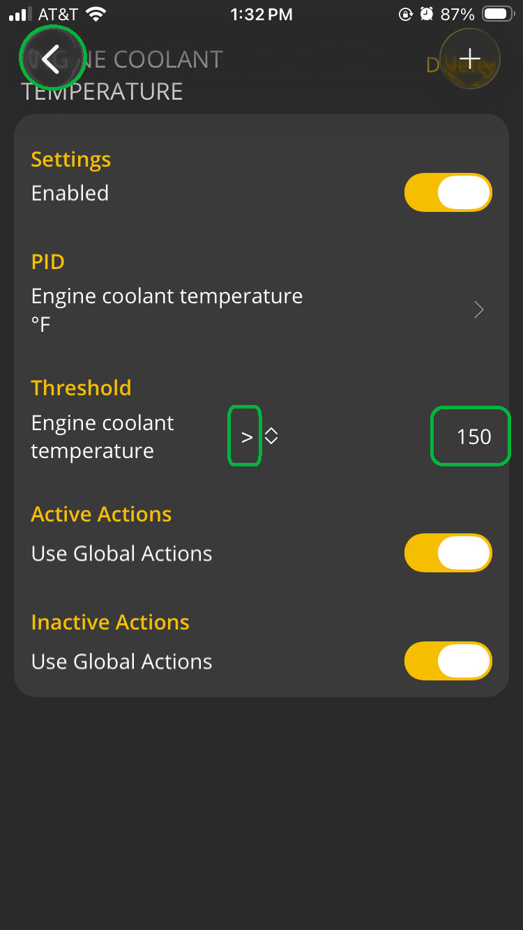 iOS Alerts screen with the greater-than symbol and threshold value of 150 both highlighted. The back arrow button in the upper left corner is also highlighted.