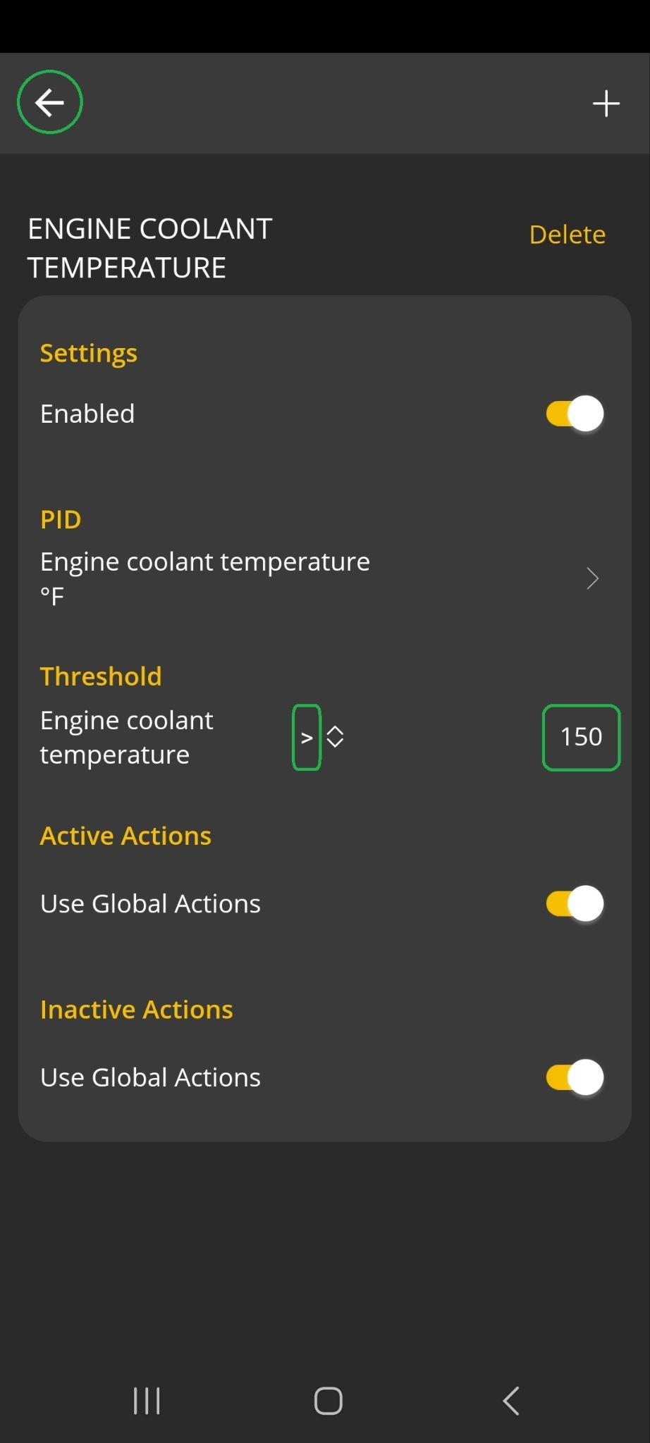 Android Alerts screen with the greater-than symbol and threshold value of 150 both highlighted. The back arrow button in the upper left corner is also highlighted.
