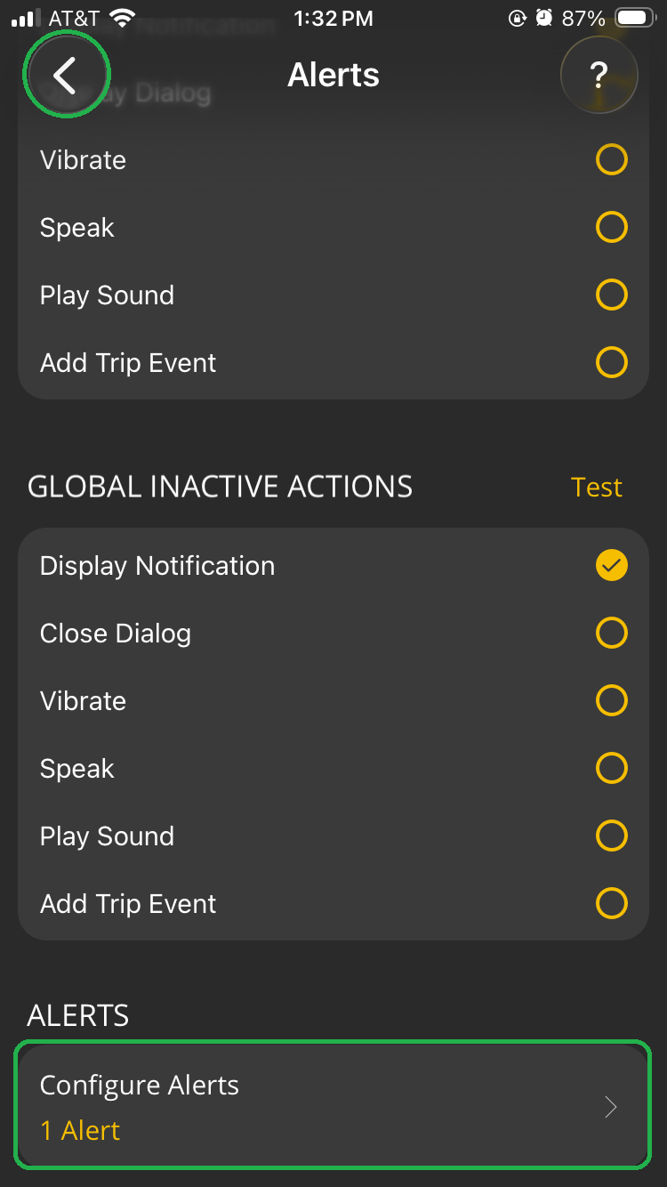iOS Alerts screen with the Configure Alerts section highlighted. The back arrow button is also highlighted in the upper left corner..