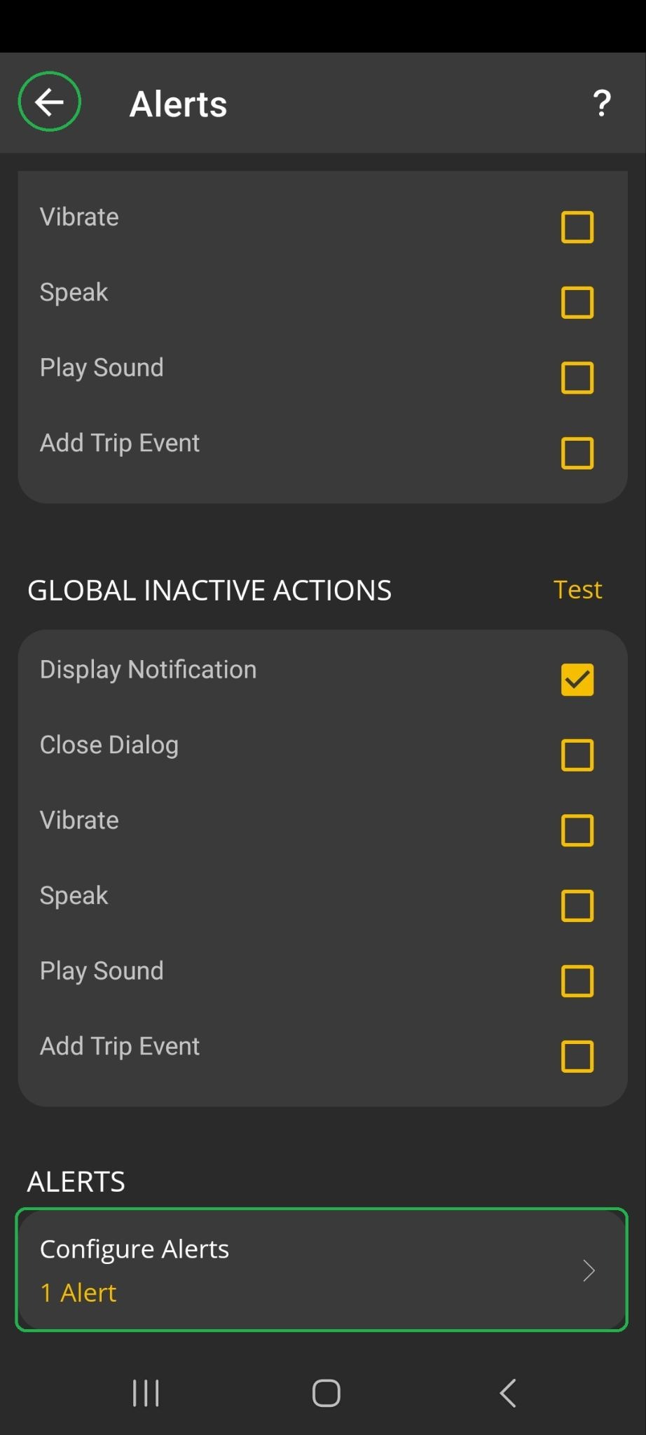 Android Alerts screen with the Configure Alerts section highlighted. The back arrow button is also highlighted in the upper left corner.