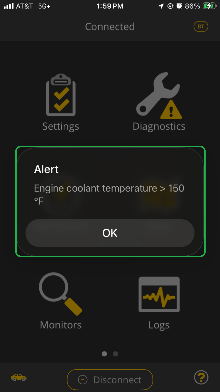 iOS screen showing an Alert message on top of the main screen. The Alert message is highlighted.