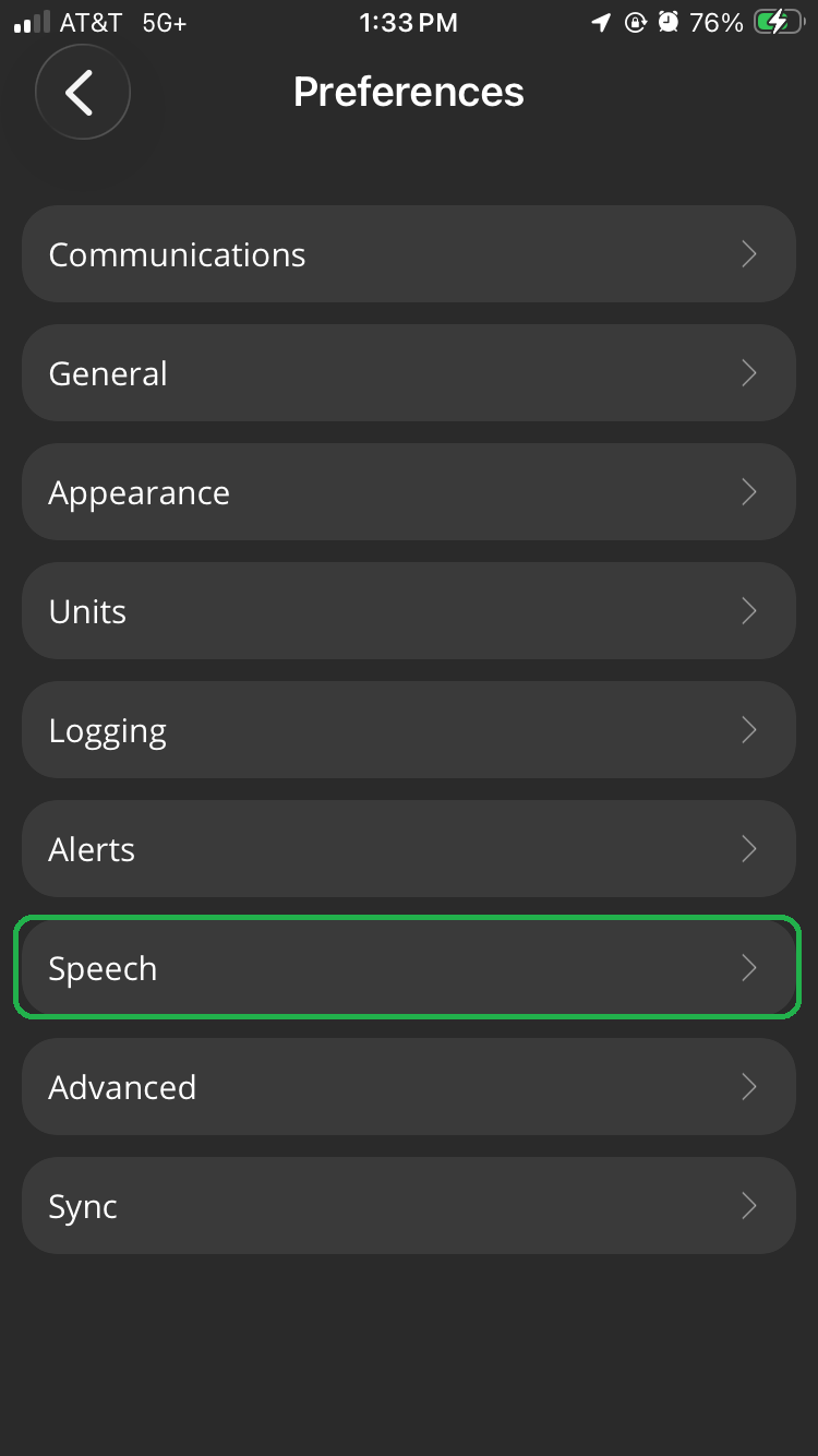 iOS Settings screen showing the Preferences options. The Speech option is highlighted.