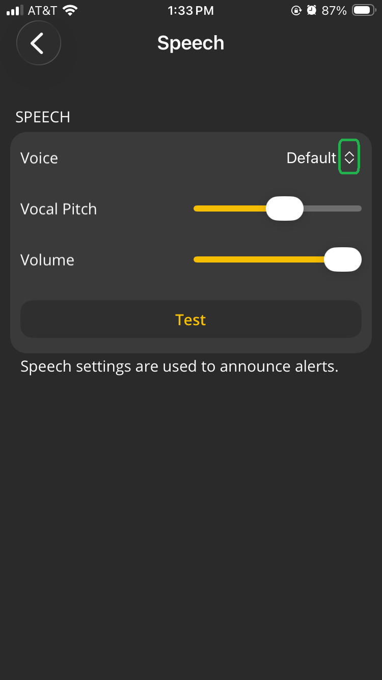 iOS screen showing the Speech options. The selection arrows for the Voice option are highlighted.