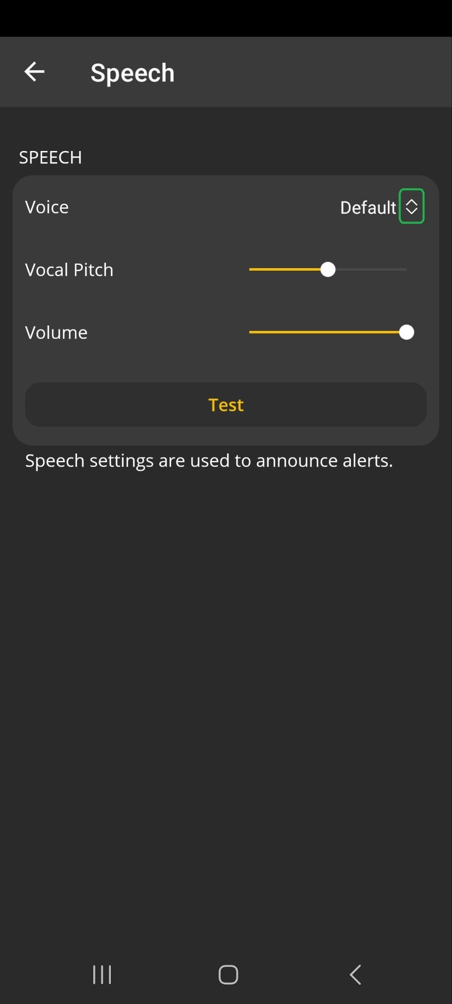 Android screen showing the Speech options. The selection arrows for the Voice option are highlighted.