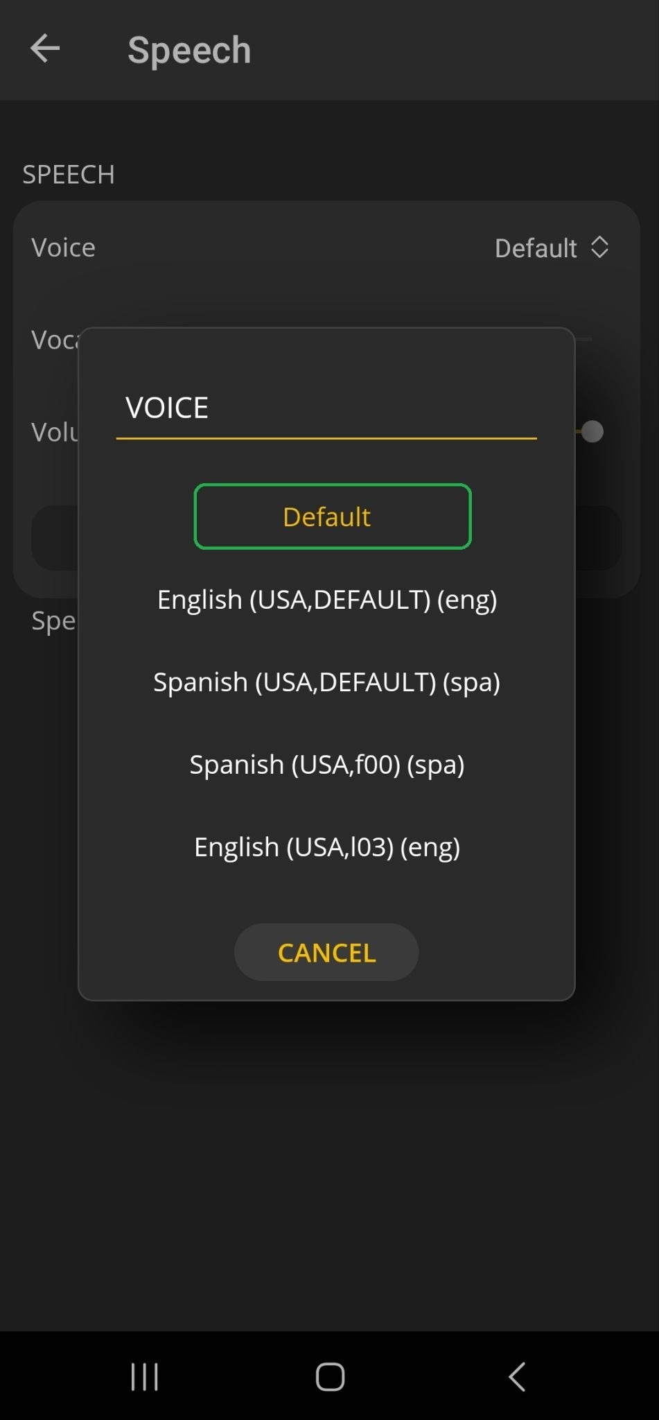Android screen showing the Voice options. The Default option is highlighted.
