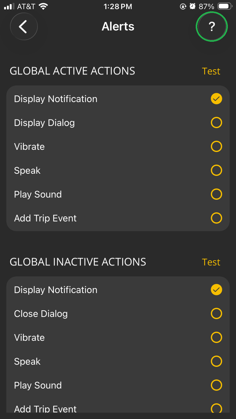 iOS Alerts screen showing Global Active Actions and Global Inactive Actions. The Question Mark symbol, which acts as a Help button is highlighted in the upper right corner.