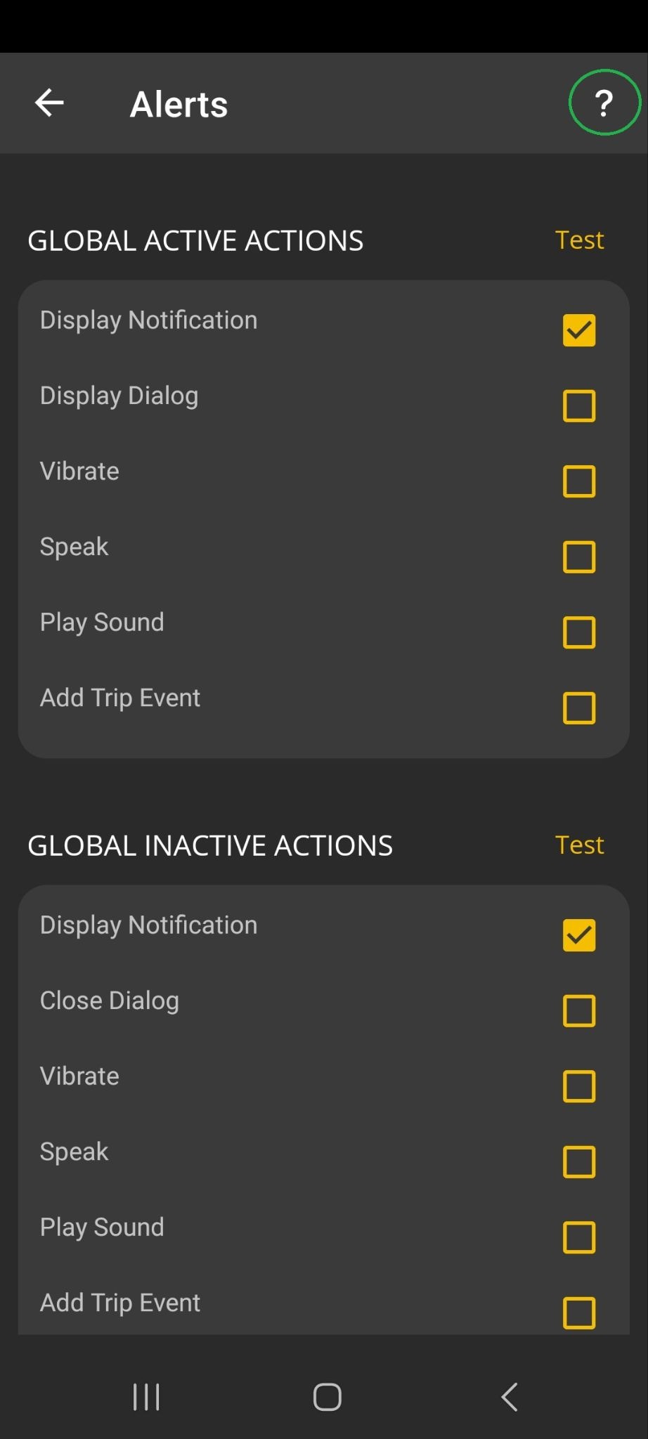 Android Alerts screen showing Global Active Actions and Global Inactive Actions. The Question Mark symbol, which acts as a Help button is highlighted in the upper right corner.