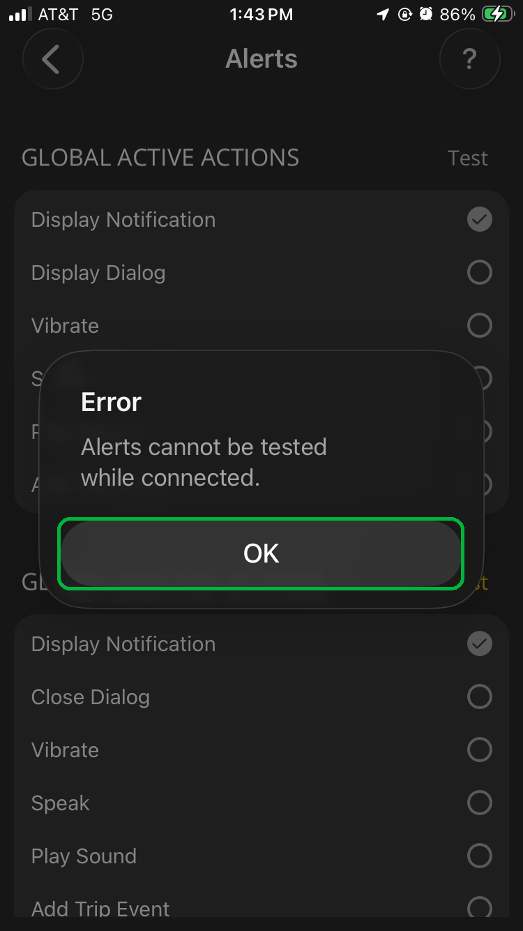 iOS Alerts screen showing an Error message. The OK button is highlighted.