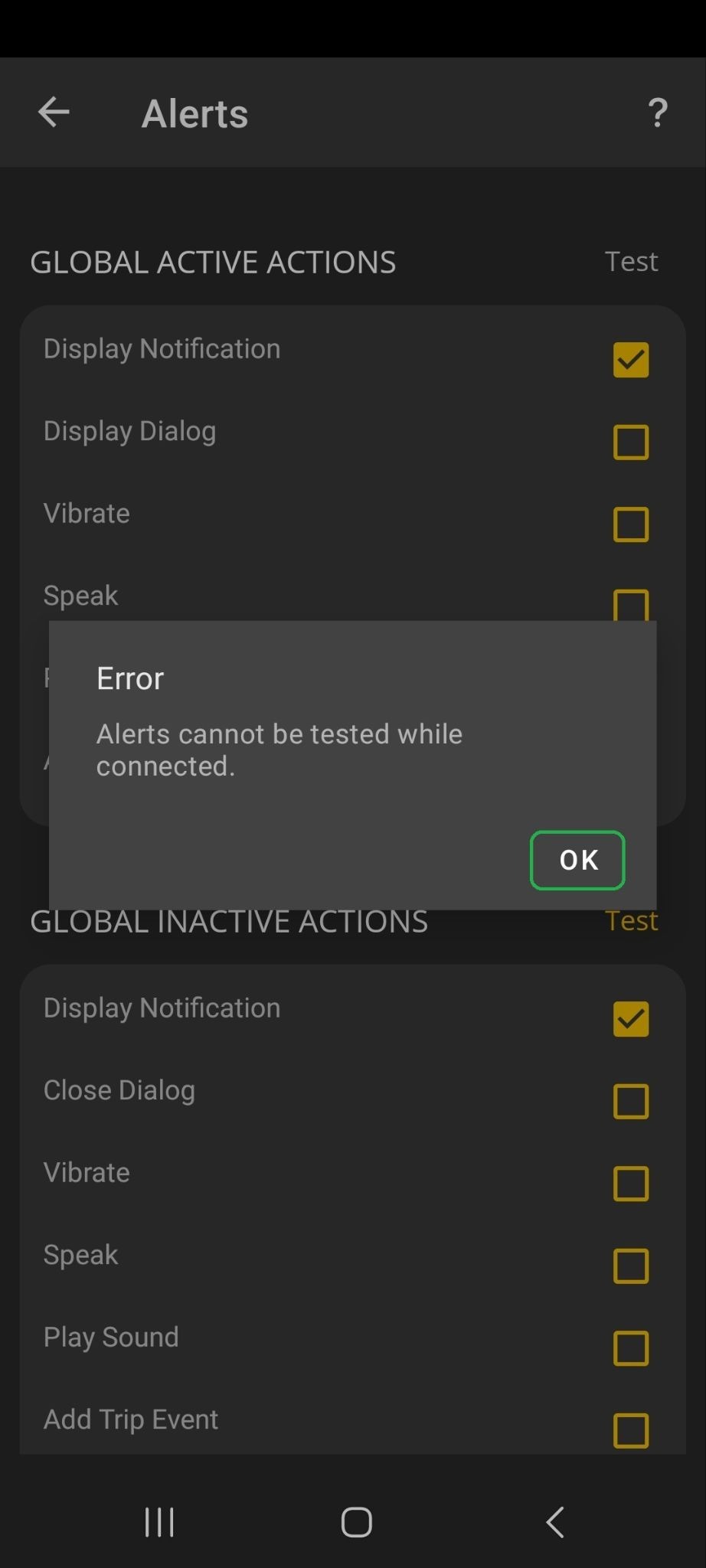 Android Alerts screen showing an Error message. The OK button is highlighted.