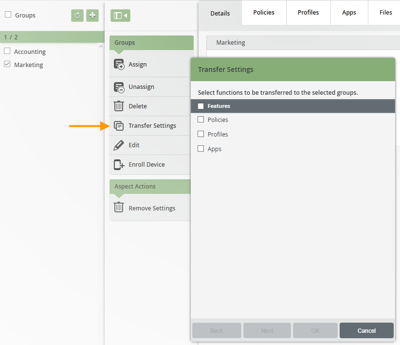 transfer setting for groups