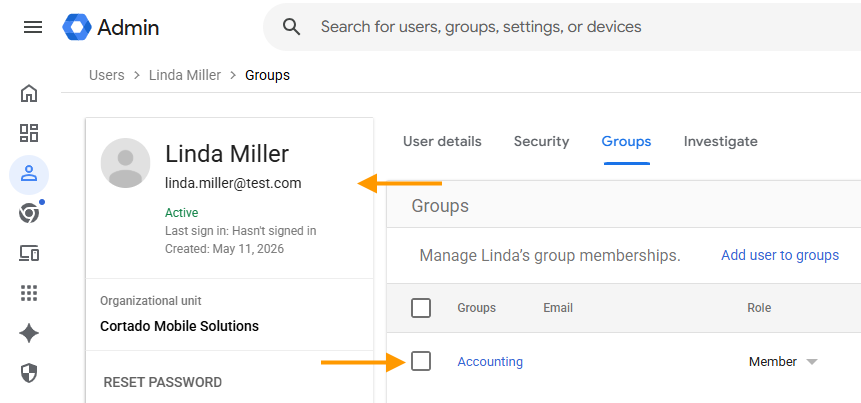 Workspace user in Google admin console