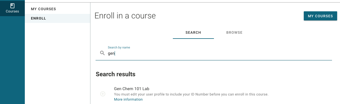 Screenshot of the My Courses page. It says Enroll in a course and shows a search bar underneath.