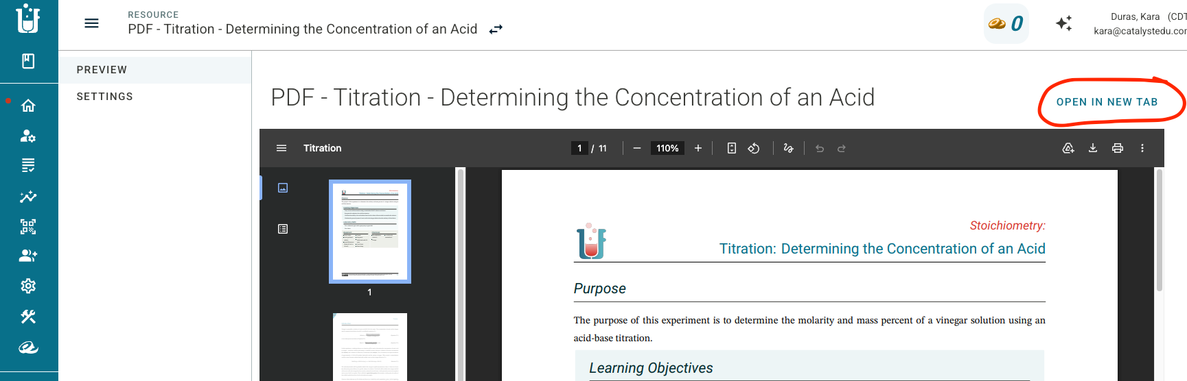 Screenshot of a PDF file within the course and the "open in new tab" button is circled in red.