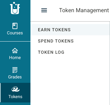 Screenshot of the Token Management page. There are three tabs: Earn tokens, Spend tokens, and Token log.