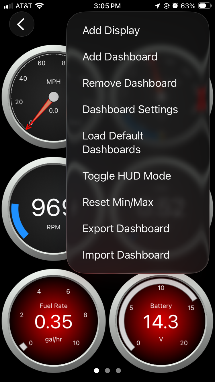 iOS Screen showing Dashboard Configuration Menu options.
