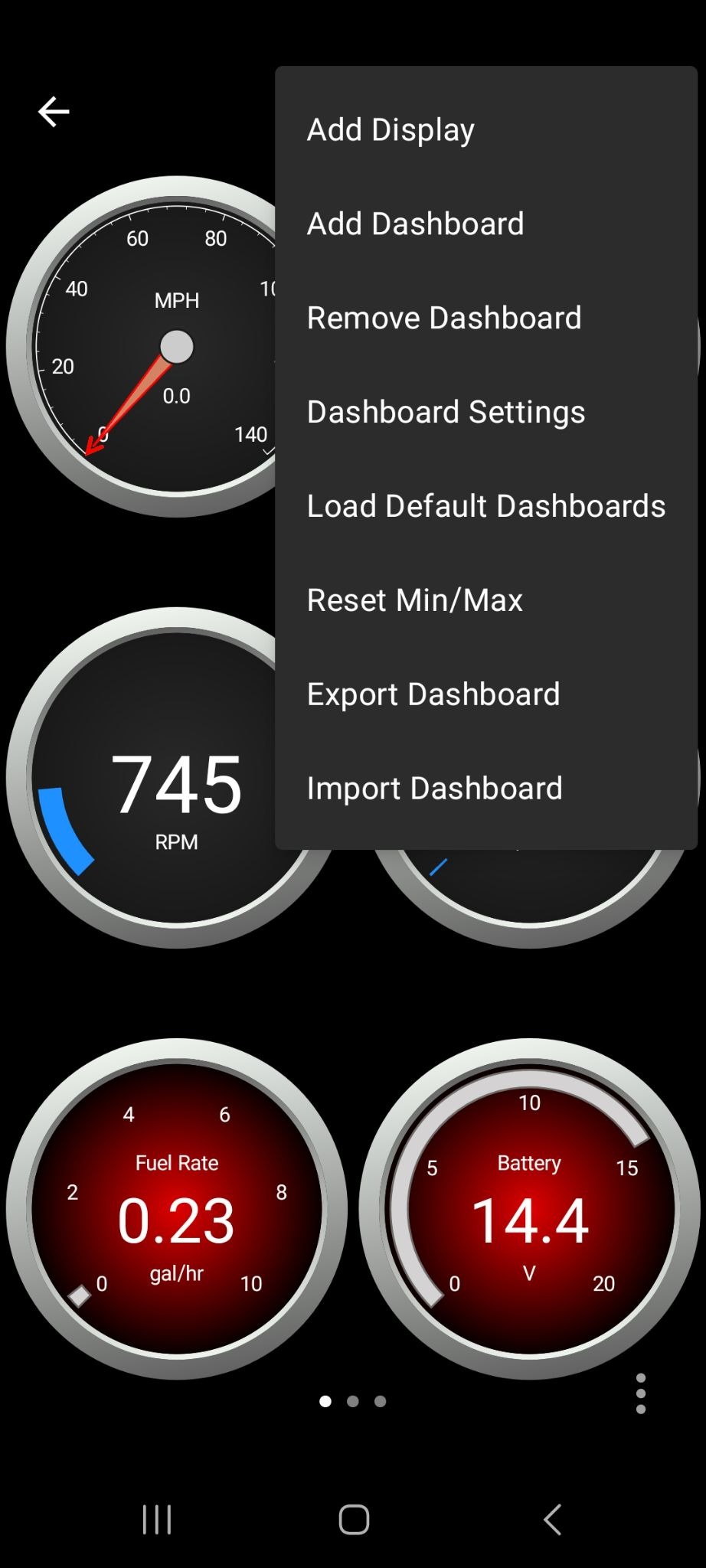 Android Screen showing Dashboard Configuration Menu options.