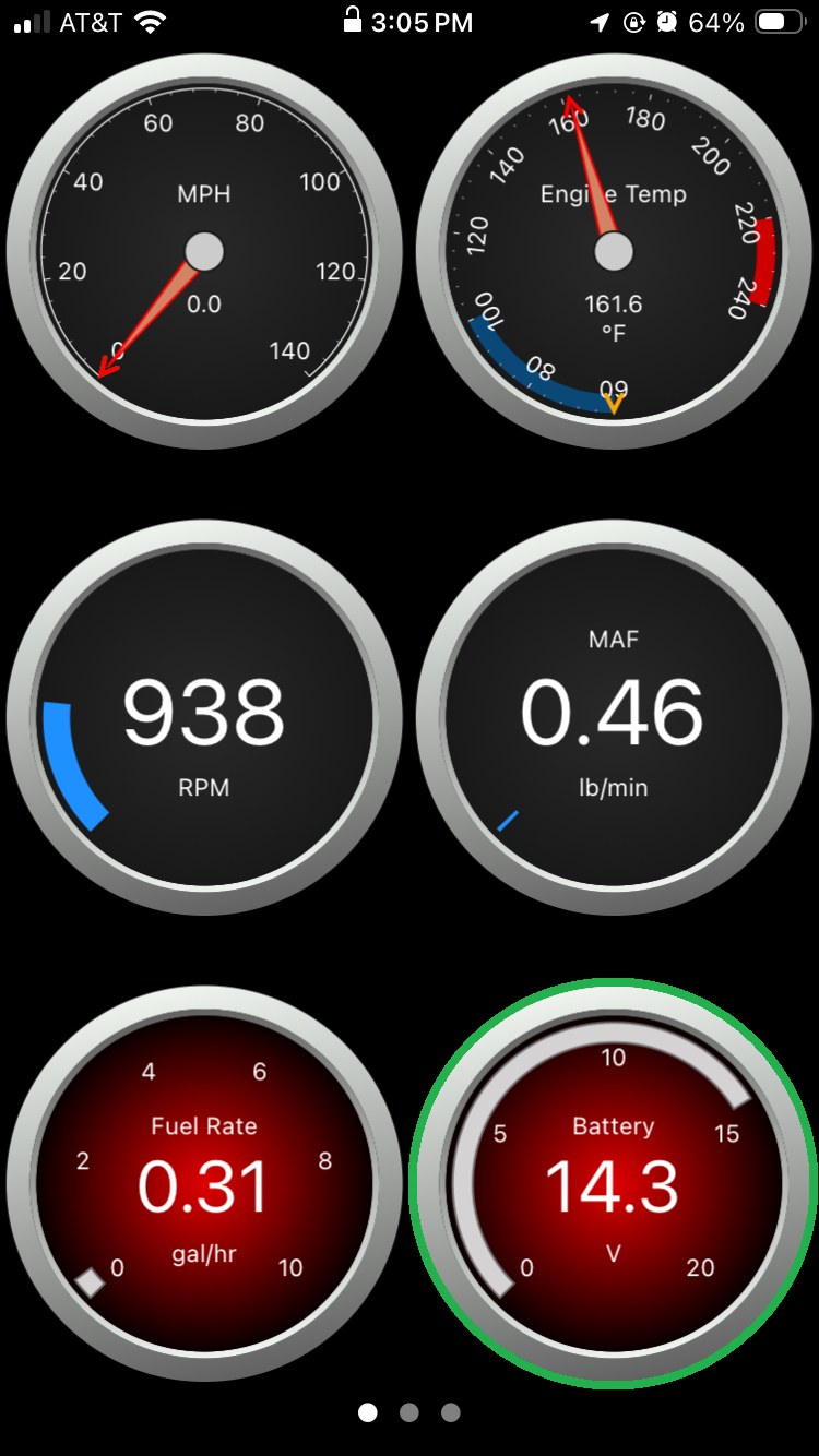 iOS screen showing the first page of dashboard options. The Battery gauge is highlighted.
