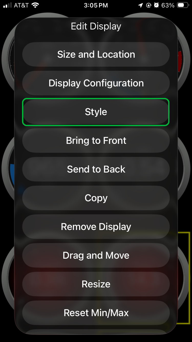 iOS screen showing the Edit Display menu options. The Style option is highlighted.