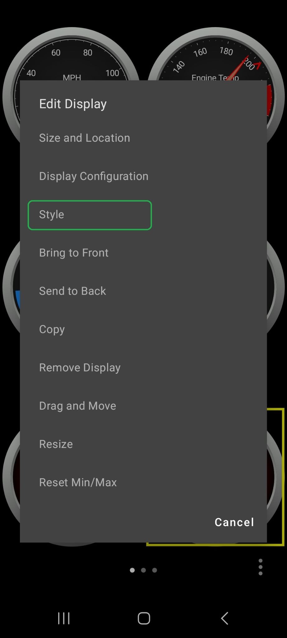 Android screen showing the Edit Display menu options. The Style option is highlighted.