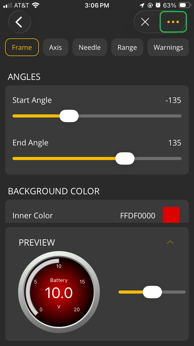 iOS screen showing the Frame tab of the Style menu. The menu button (3 dots) in the upper right corner is highlighted.