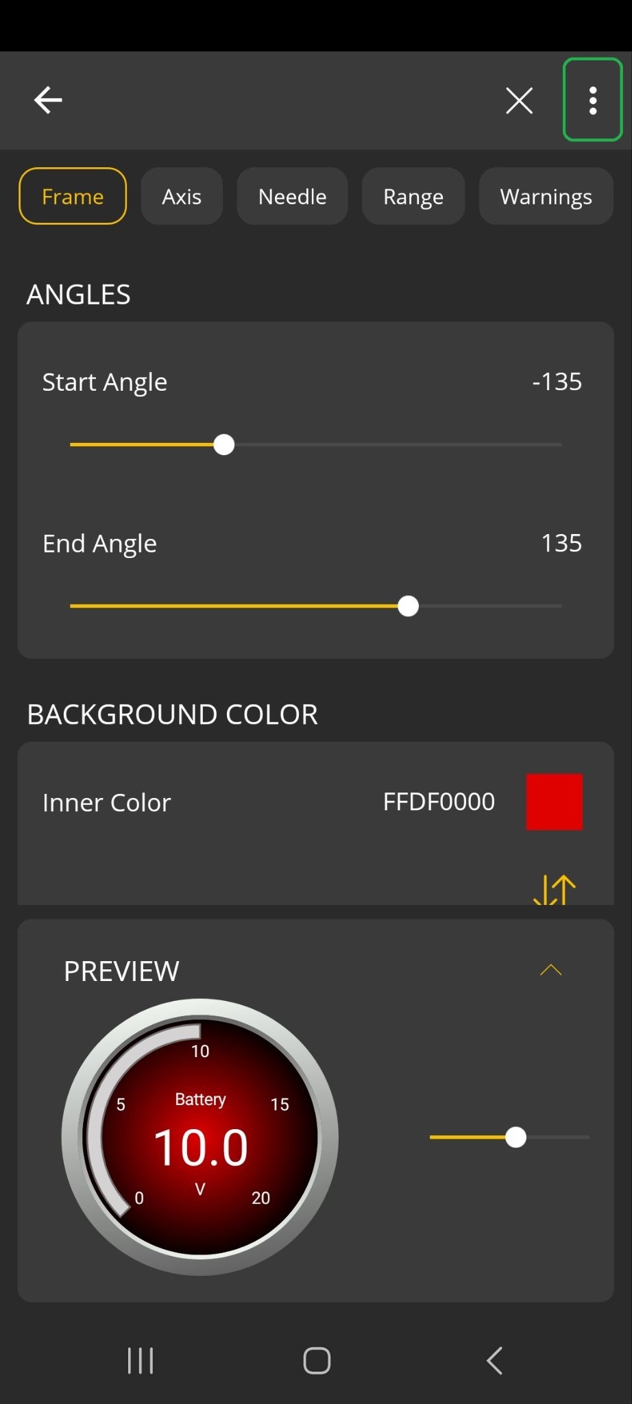Android screen showing the Frame tab of the Style menu. The menu button (3 dots) in the upper right corner is highlighted.