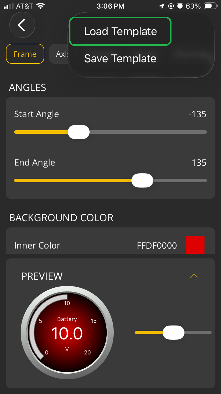 iOS screen showing the Frame Menu options. The Load Template option is highlighted.