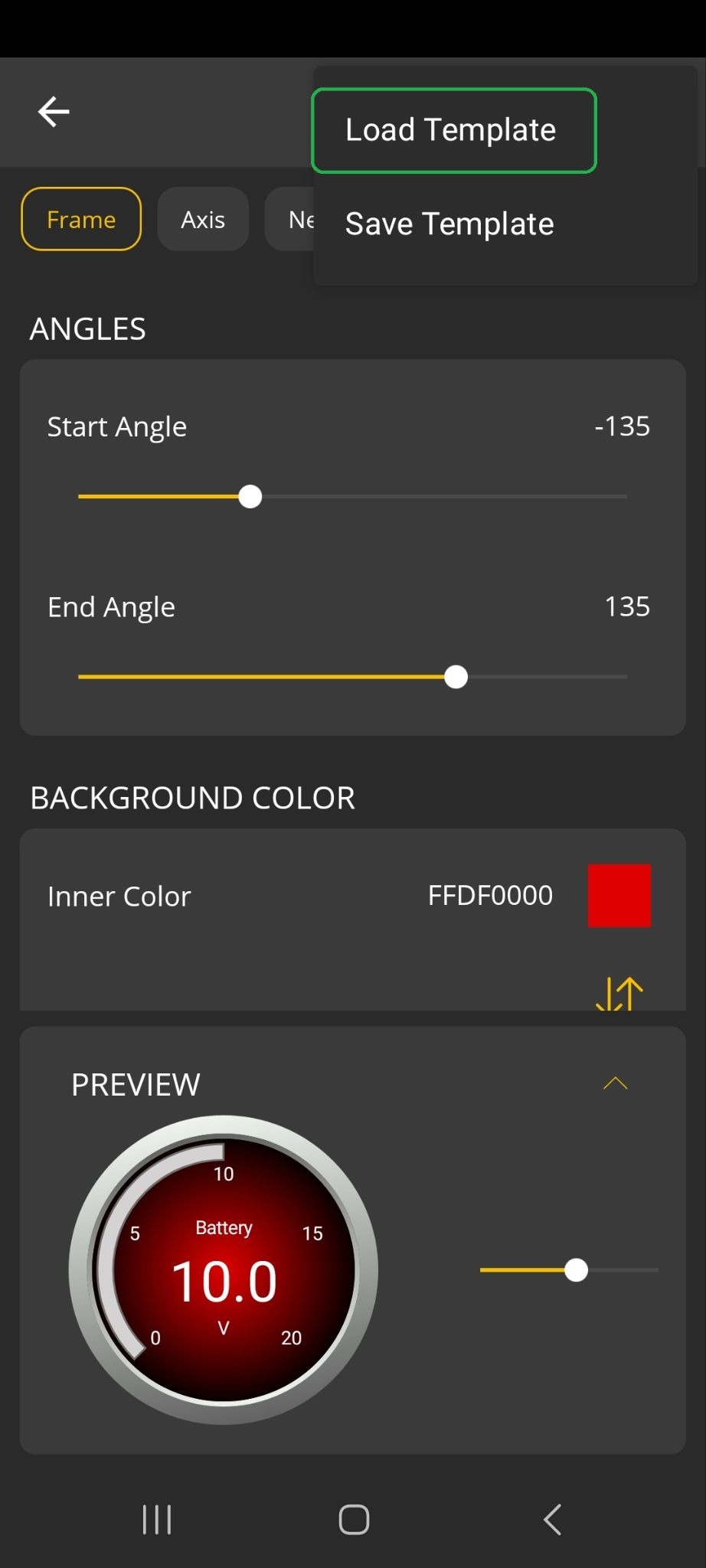 Android screen showing the Frame Menu options. The Load Template option is highlighted.