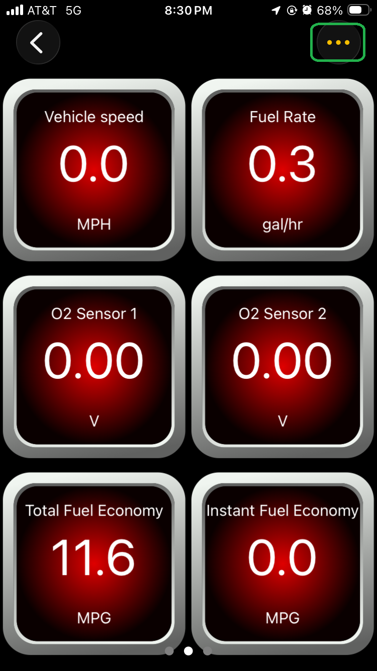 iOS screen showing the second page of dashboards. The Menu button (3 dots) is highlighted.