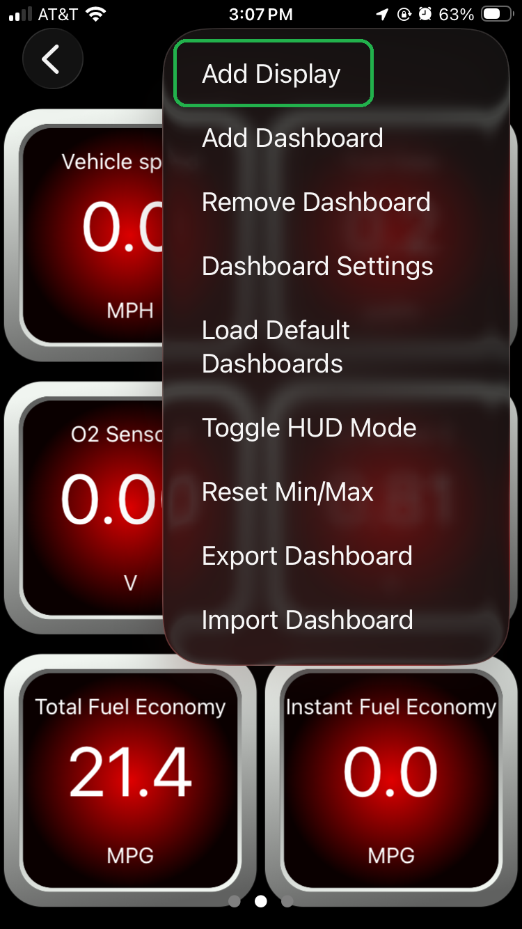 iOS screen showing a list of Menu options. The Add Display option is highlighted.