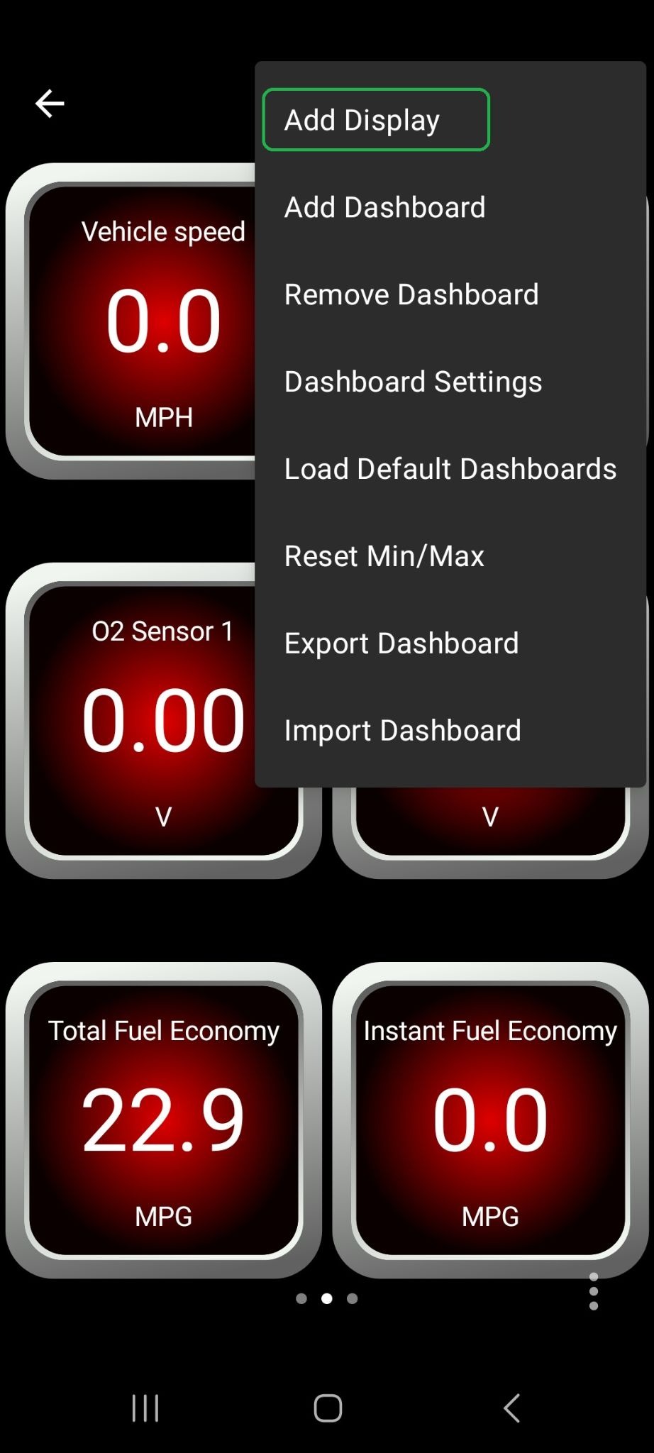 Android screen showing a list of Menu options. The Add Display option is highlighted.