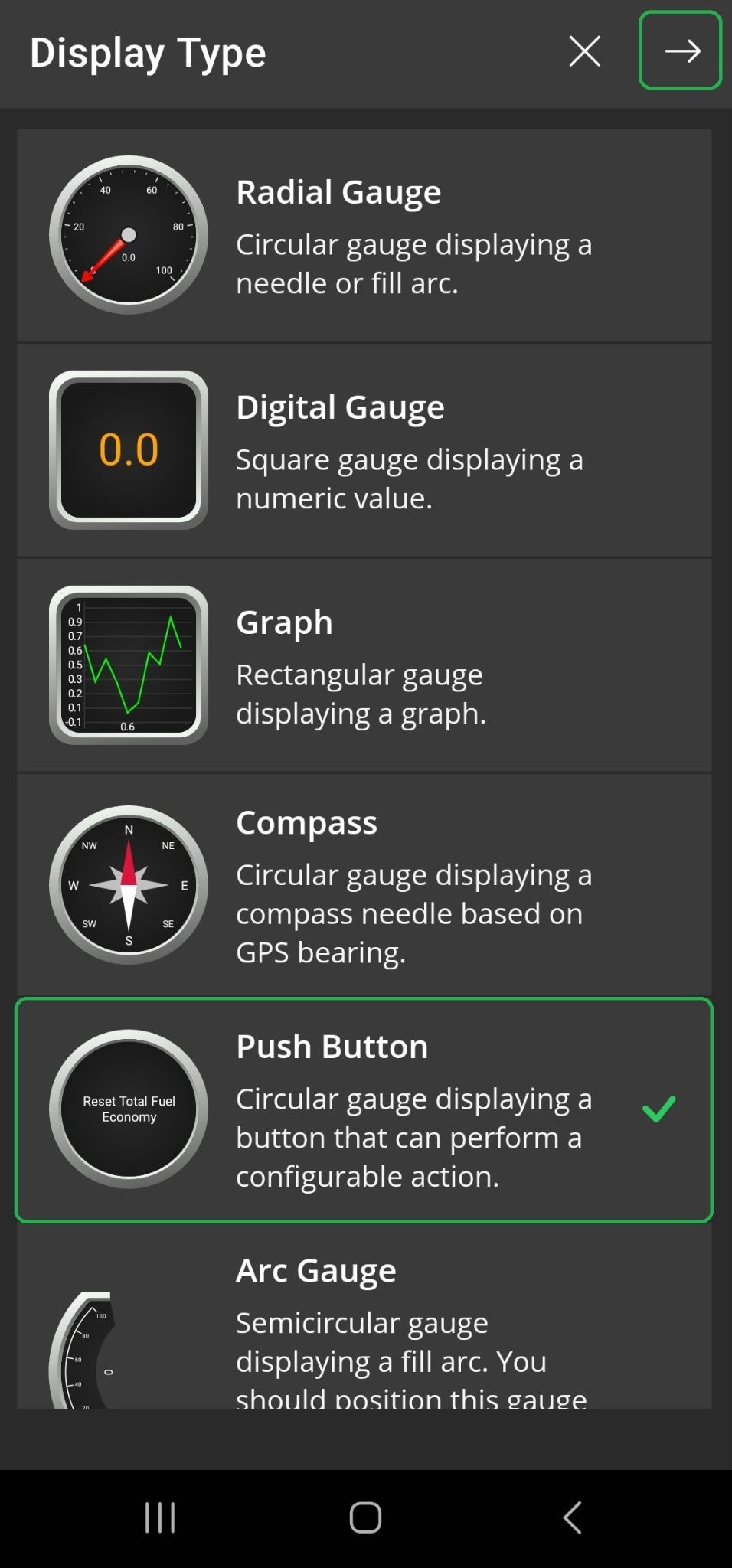 Android screen showing the Display Type list of options. The Push Button option is highlighted. The Forward Arrow button is also highlighted.