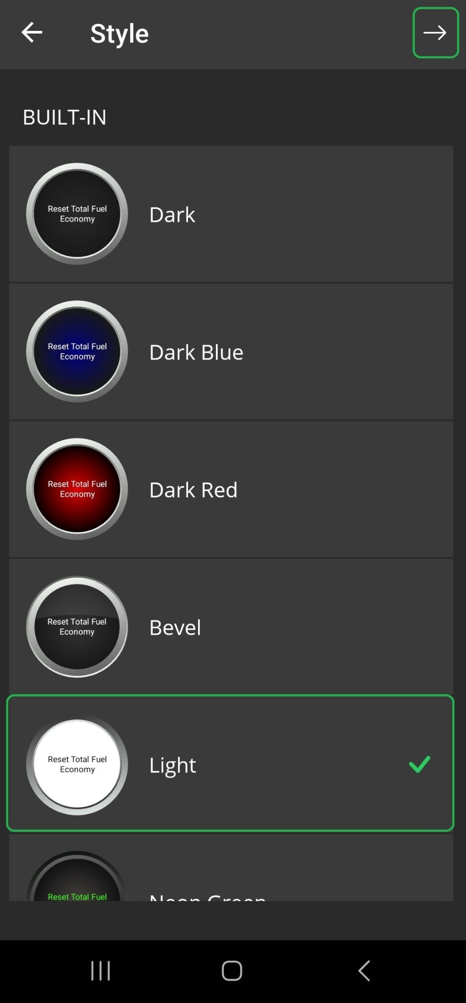 Android screen showing the Style list of options. The Light option is highlighted. The Forward Arrow button is also highlighted.