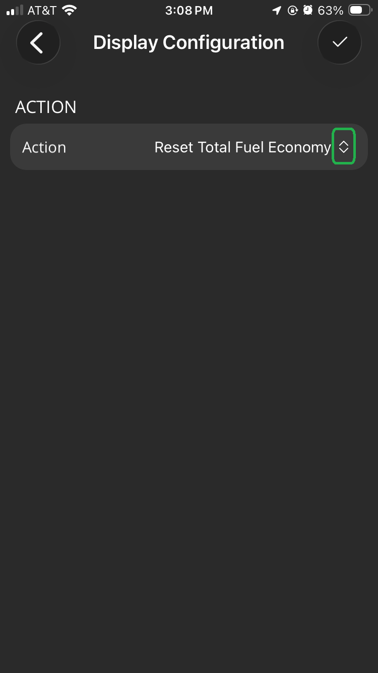 iOS Display Configuration screen showing the Action option. The selection arrows in the Action field are highlighted.