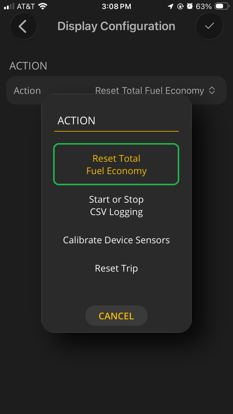 iOS Display Configuration screen showing the Action option. The "Reset Total Fuel Economy" option is highlighted.