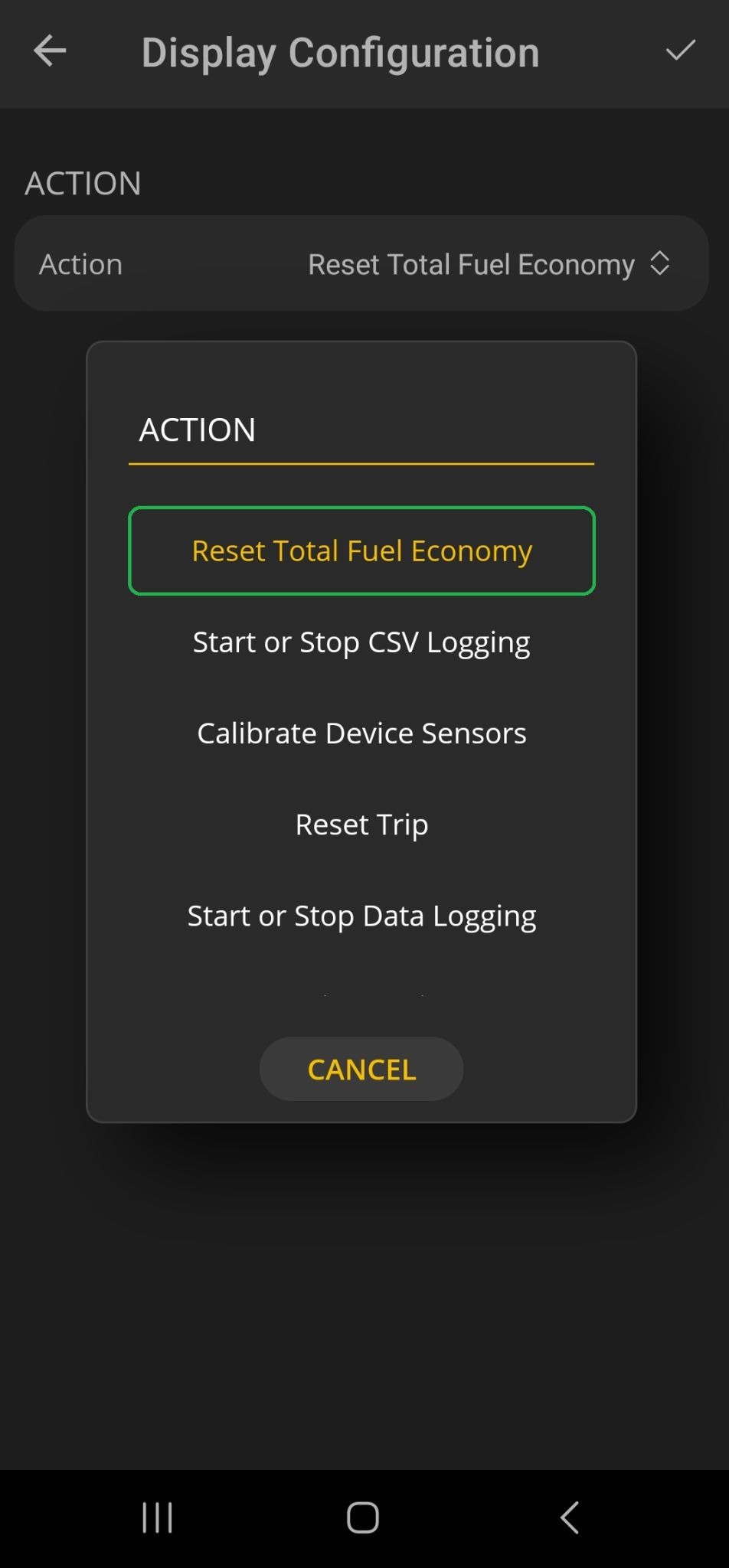 Android Display Configuration screen showing the Action option. The "Reset Total Fuel Economy" option is highlighted.