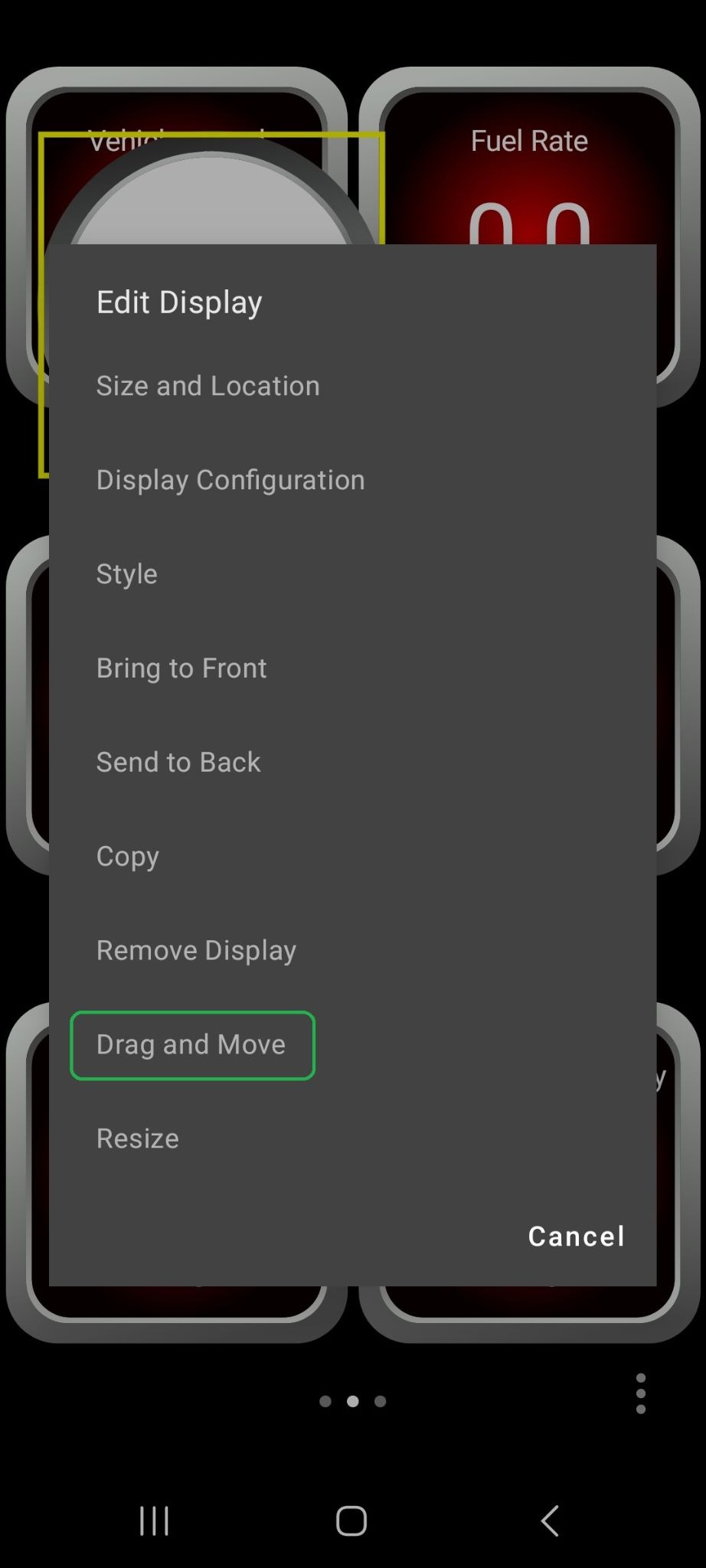 Android screen showing the Edit Display menu options. The Drag and Move option is highlighted.